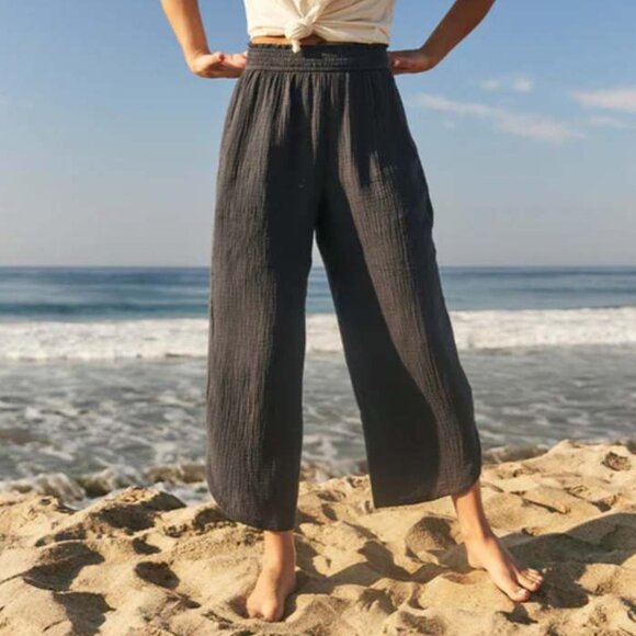 MARINE LAYER CORINNE CRINKLE DOUBLE CLOTH WIDE LEG PANTS DOLPHIN HEM CROP sz M - Picture 1 of 7